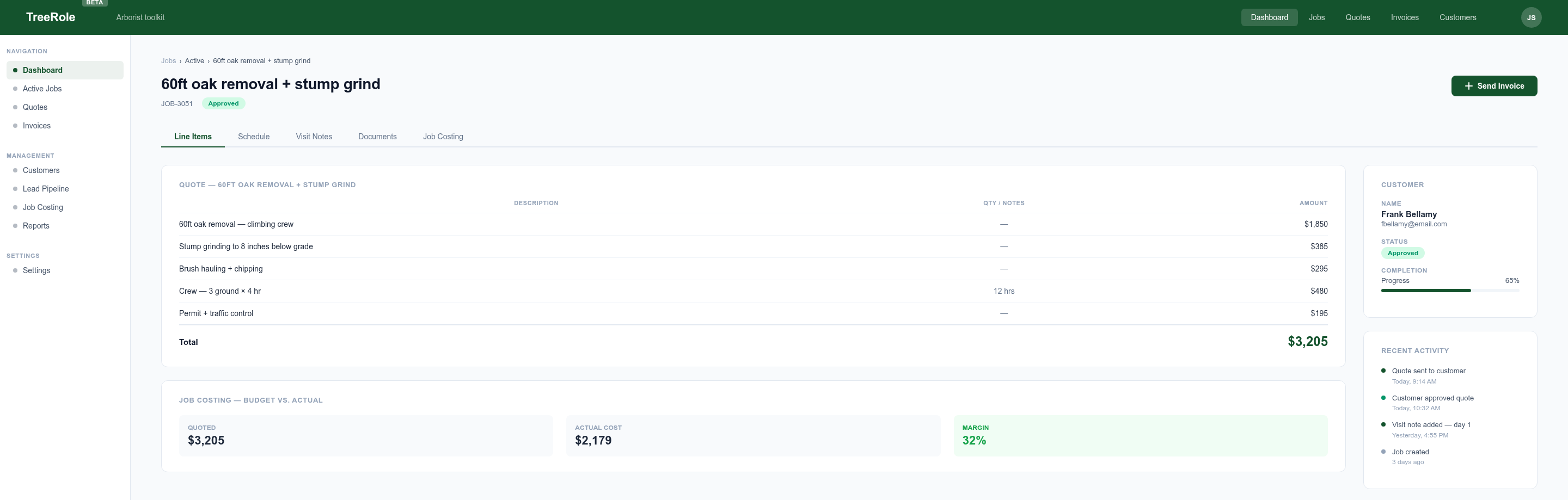 TreeRole job view — scope of work with itemized line costs, schedule, and tabs.